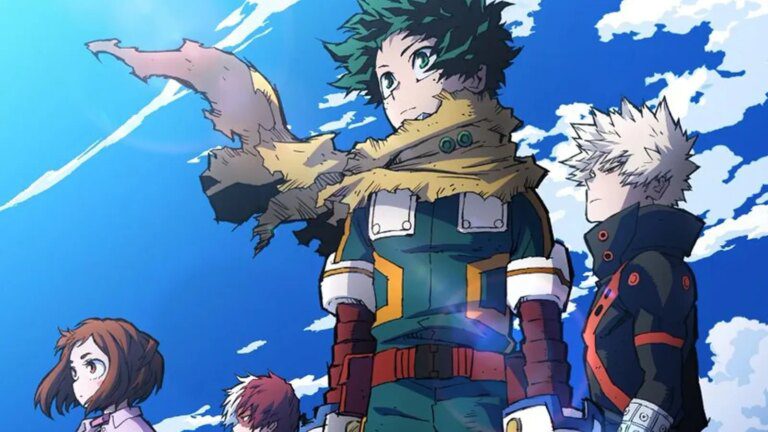 Deku, Bakugo, Todoroki, and Uraraka standing in wind