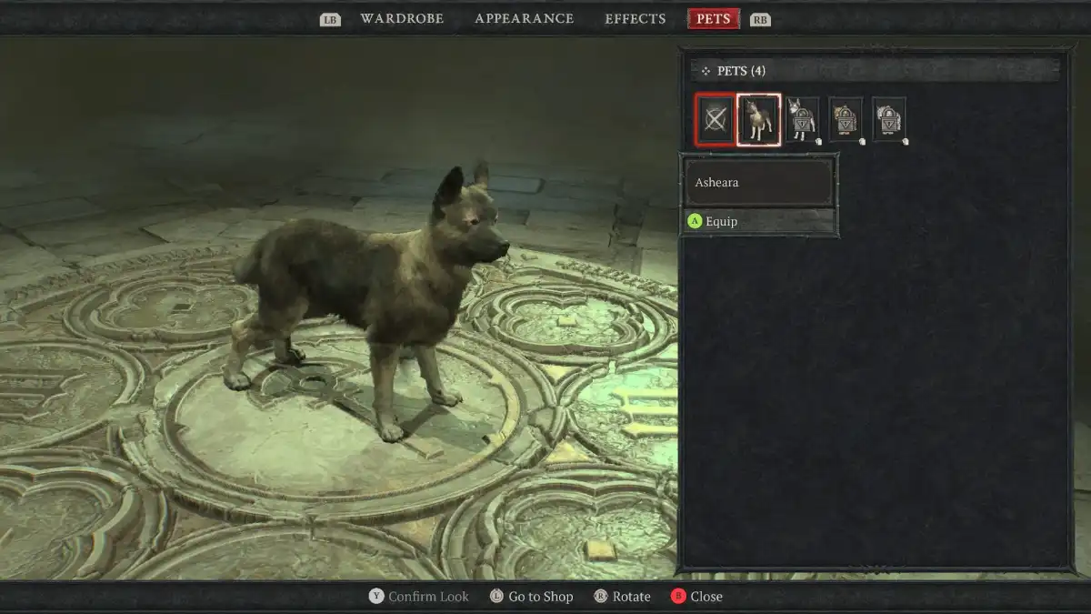 Image du menu où vous pouvez trouver le chien dans Diablo 4