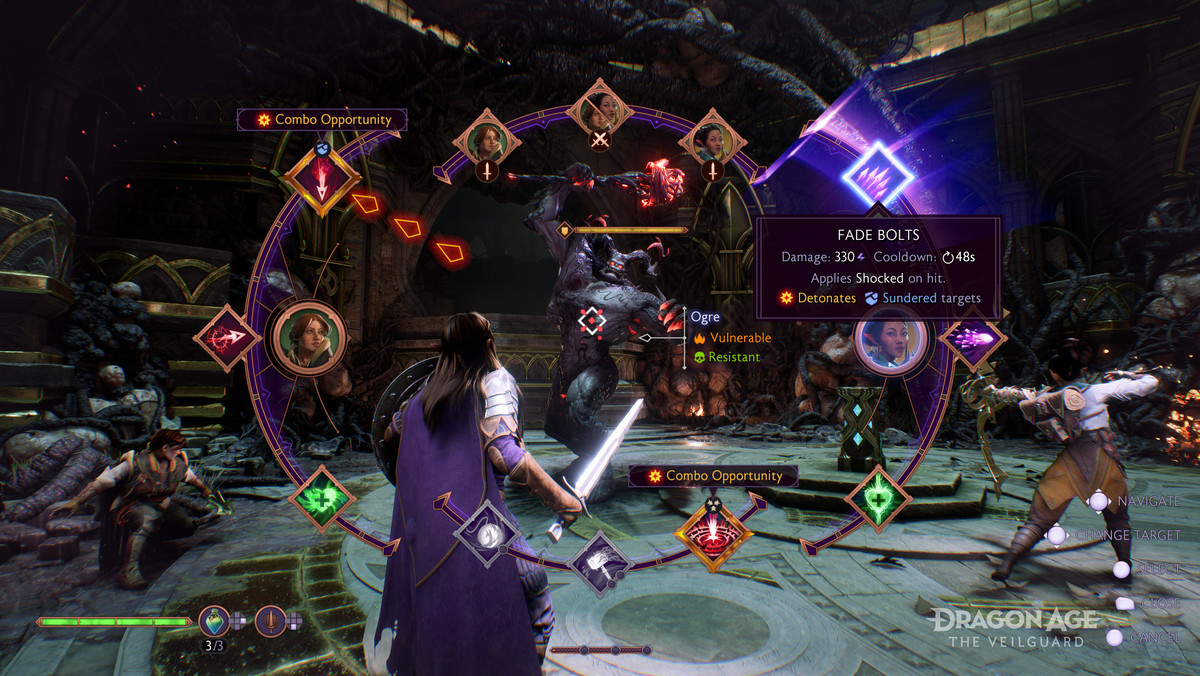 Une capture d'écran de l'un des écrans de combat de l'interface utilisateur de Dragon Age : The Veilgaurd, illustrant les différentes attaques spéciales que le personnage principal peut effectuer.