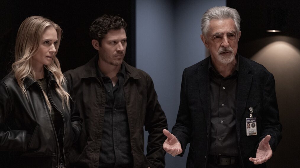 A.J. Cook as Jennifer ‘JJ’ Jareau, Zach Gilford as Elias Voit and Joe Mantegna as David Rossi in 