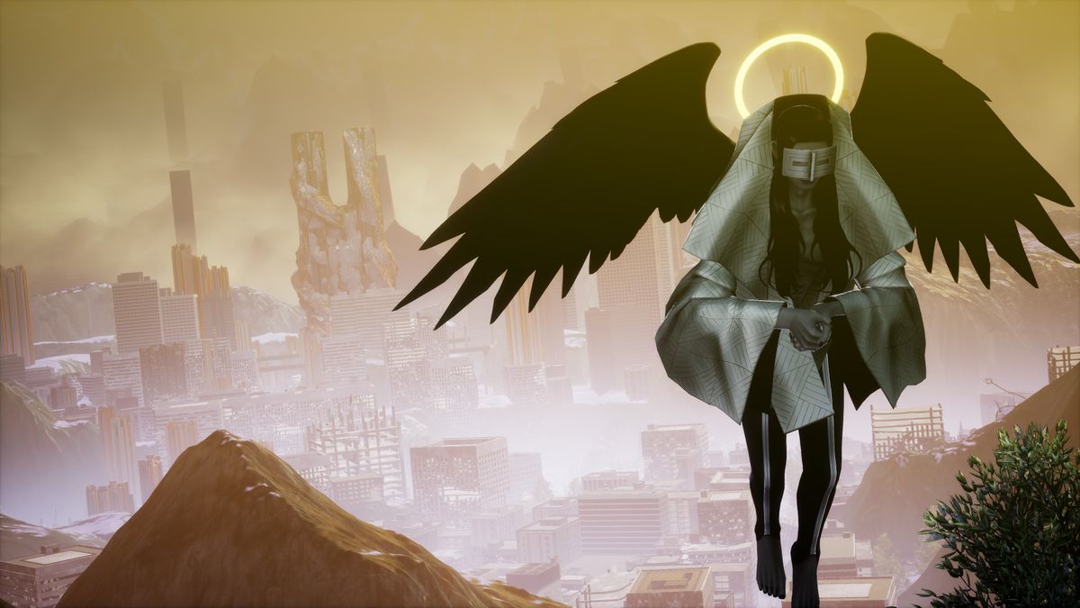 Un personnage de Shin Megami Tensei 5 : Vengeance avec des ailes d'ange noires, un halo doré et un masque flotte au premier plan, face au spectateur.  Une vue imprenable sur le paysage urbain est en arrière-plan