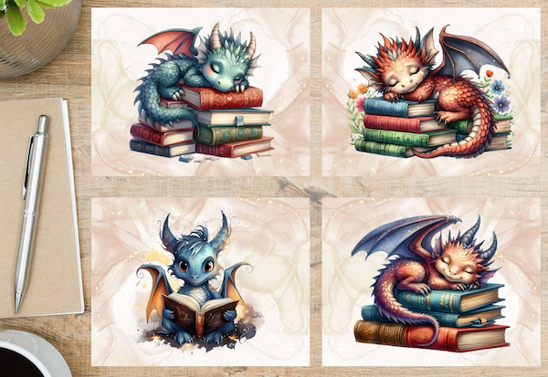 quatre cartes postales, chacune avec un graphisme différent d'un dragon coloré dormant sur des livres