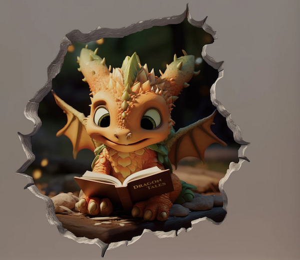 sticker mural d'un dragon lisant un livre pour donner l'impression qu'il vit dans votre mur