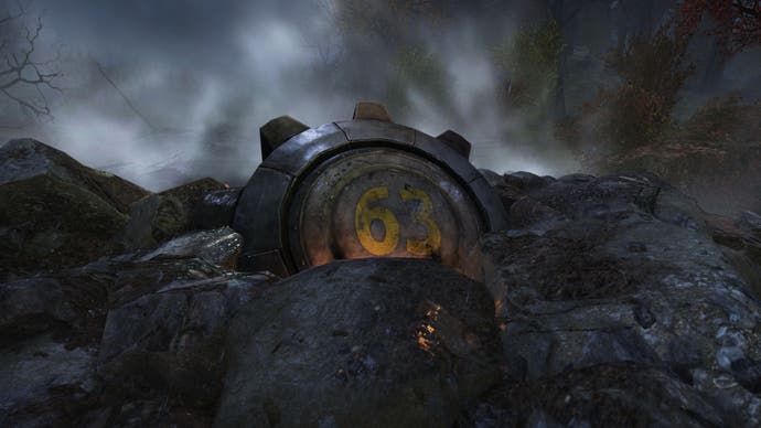 La porte anti-souffle de l'Abri 63 repose dans les décombres de Fallout 76.