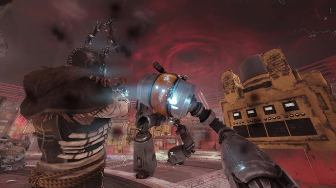 Un robot géant attaque le joueur lors d'un orage électrique rouge dans Fallout 76.