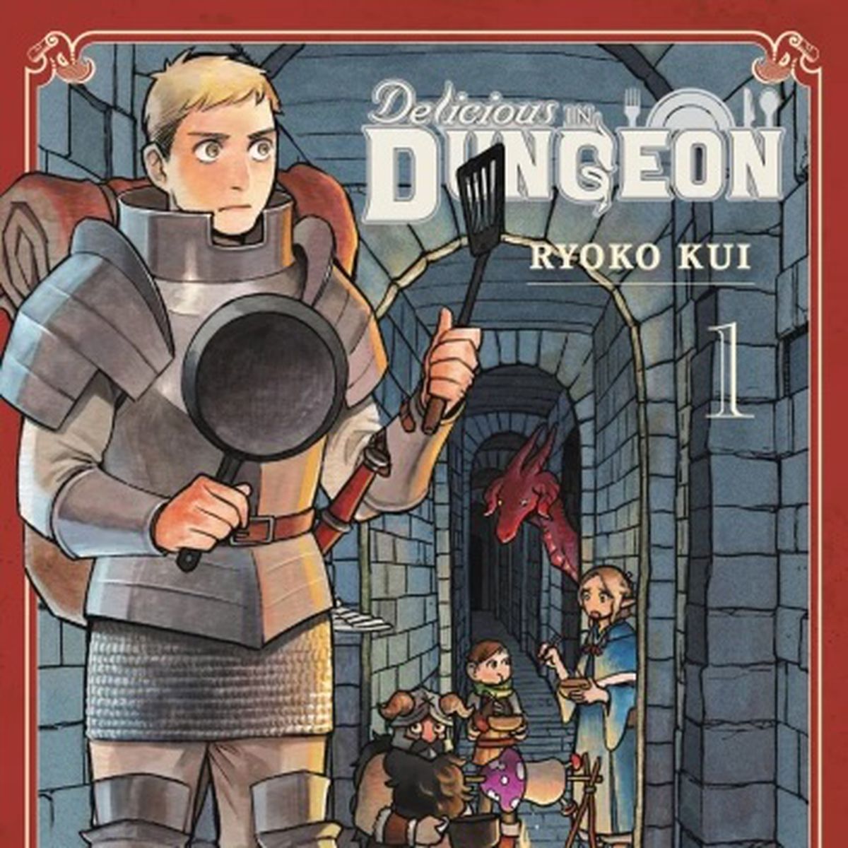 Laios pose avec une poêle et une spatule, avec des couloirs de donjon, un dragon rouge et ses compagnons Senshi, Chillchuck et Marcille derrière lui sur la couverture de Delicious in Dungeon Vol.  1.