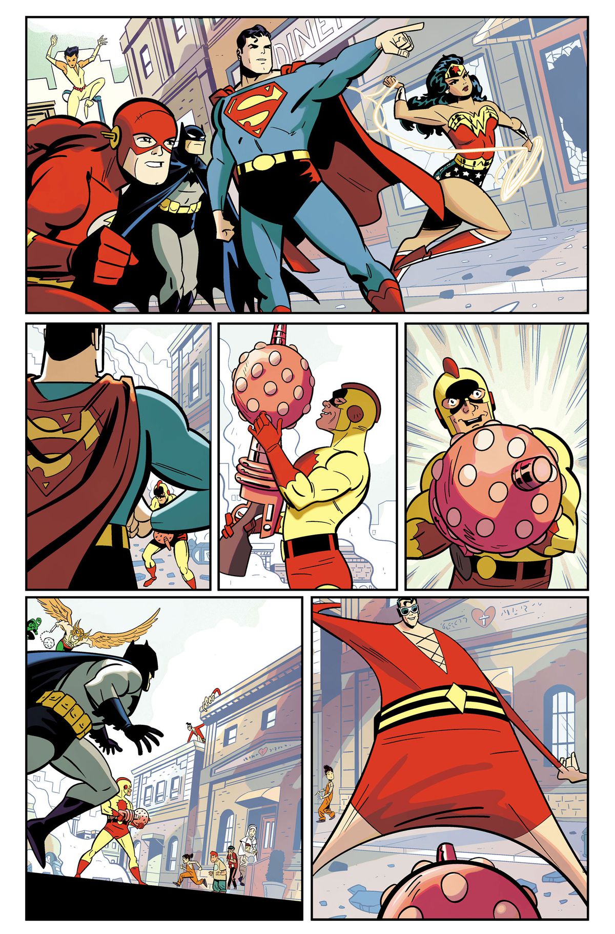 La Justice League se rassemble pour combattre un méchant en costume jaune avec un gros pistolet orbe et Plastic Man qui s'étire pour l'arrêter.