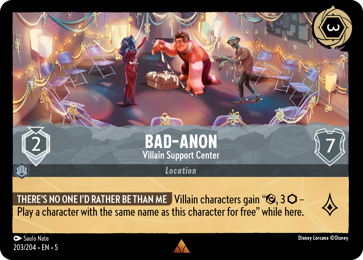 Bad-Anon, Villain Support Center est une carte de localisation à 3 traditions avec 7 défenses.  Il génère des connaissances, en plus de sa capacité spéciale : il n'y a personne que je préfère être que moi.