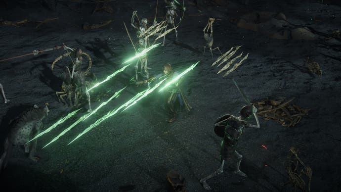 Les os spectraux naviguent dans les airs dans cette photo de Path of Exile 2, dans le cadre de la compétence Bonestorm.