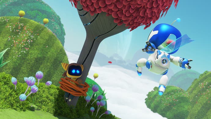 Capture d'écran officielle d'Astro Bot montrant Astro sautant vers un robot attaché à un arbre