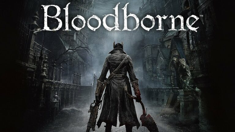 Bloodborne: The Hunter stood in a grim alleyway holding two weapons.