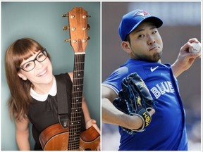 Lisa Loeb (à gauche) et le partant des Blue Jays Yusei Kikuchi.