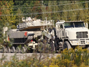 Char de combat principal Abrams alors qu'il était transporté vers la base de soutien de la 5e Division canadienne de Gagetown.