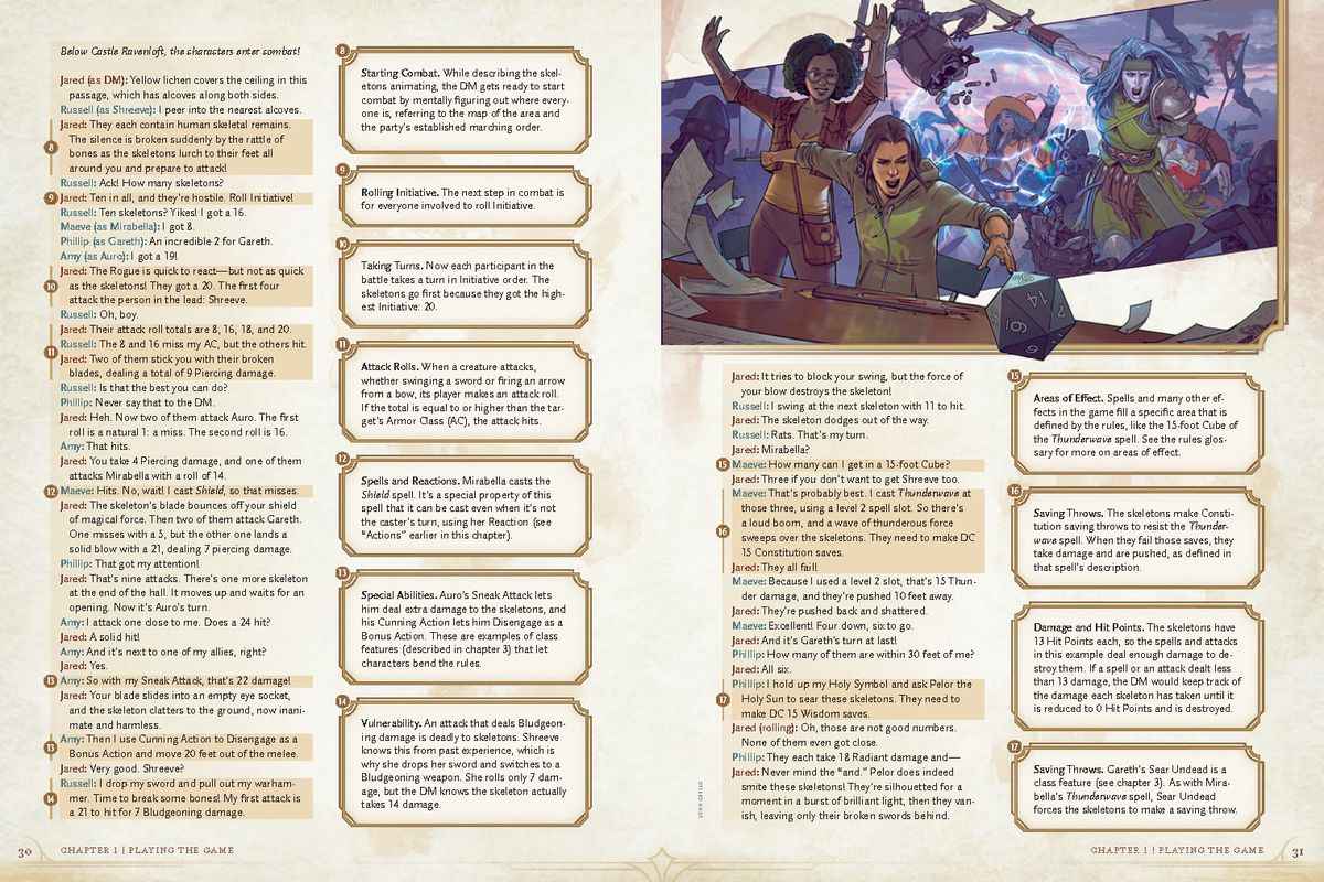 Une planche de l'édition 2024 de Dungeons &  Manuel du joueur Dragons, avec un exemple de combat dans la colonne de gauche et un commentaire sur les règles applicables dans la droite. 