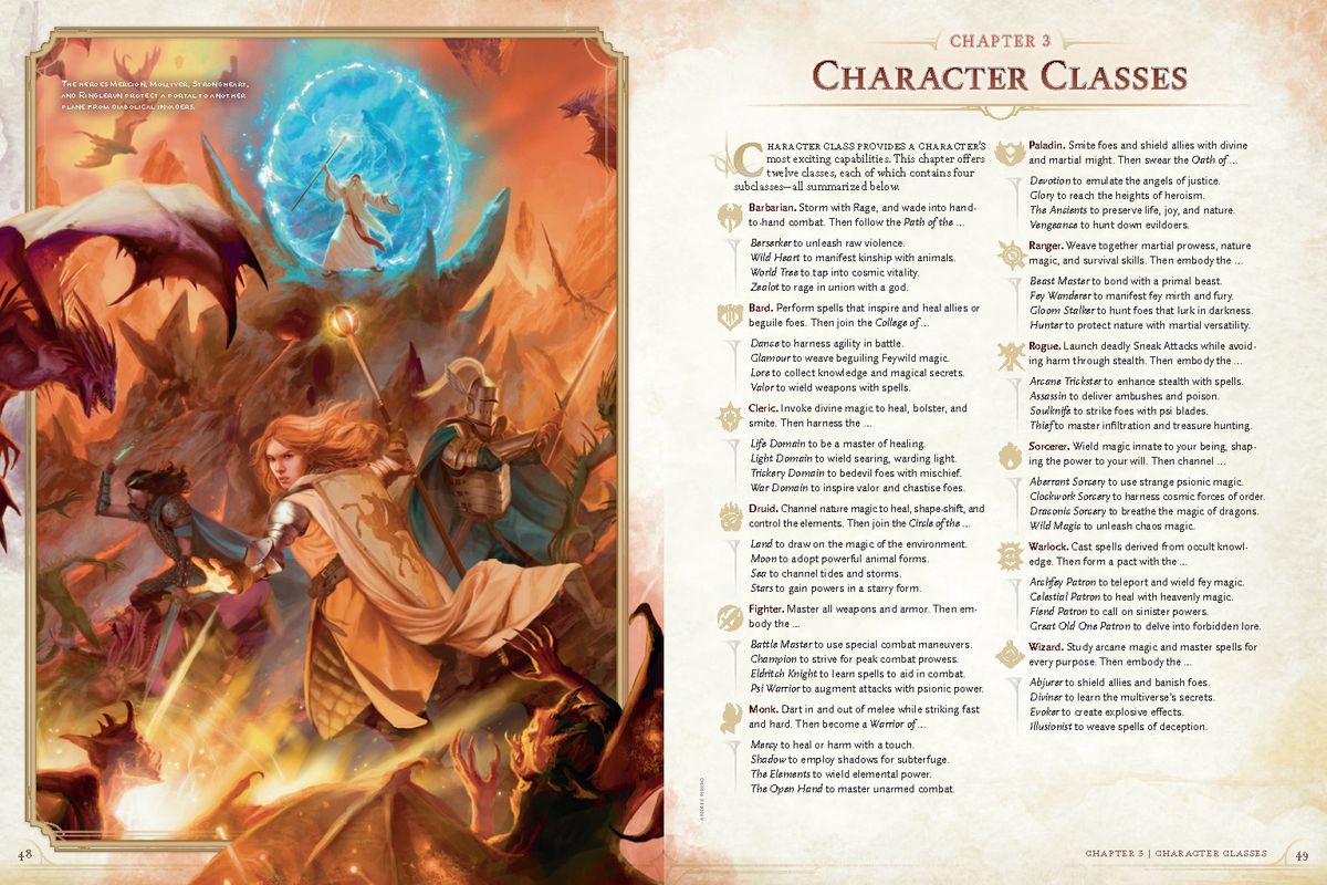Une diffusion des Donjons &  Dragons Player's Handbook (2024) qui répertorie les classes de personnages et leurs sous-classes.