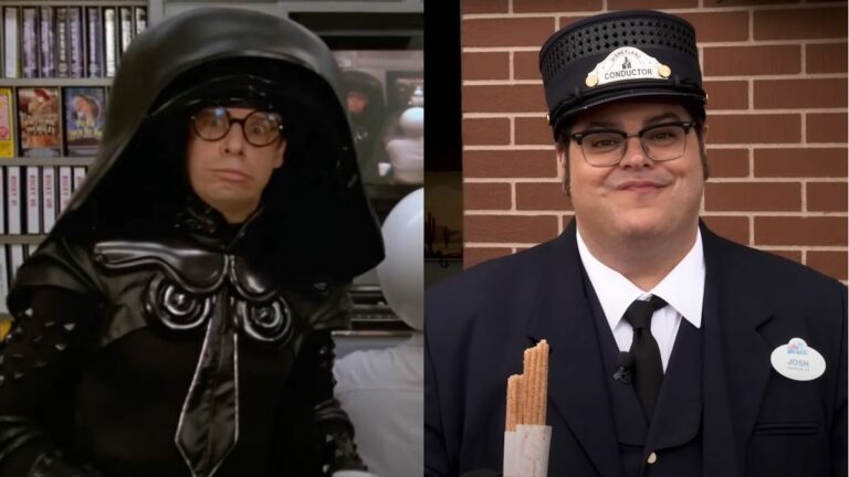 Rick Moranis confused in Spaceballs and Josh Gad smiling while eating a Churro at Disneyland, pictured side by side.