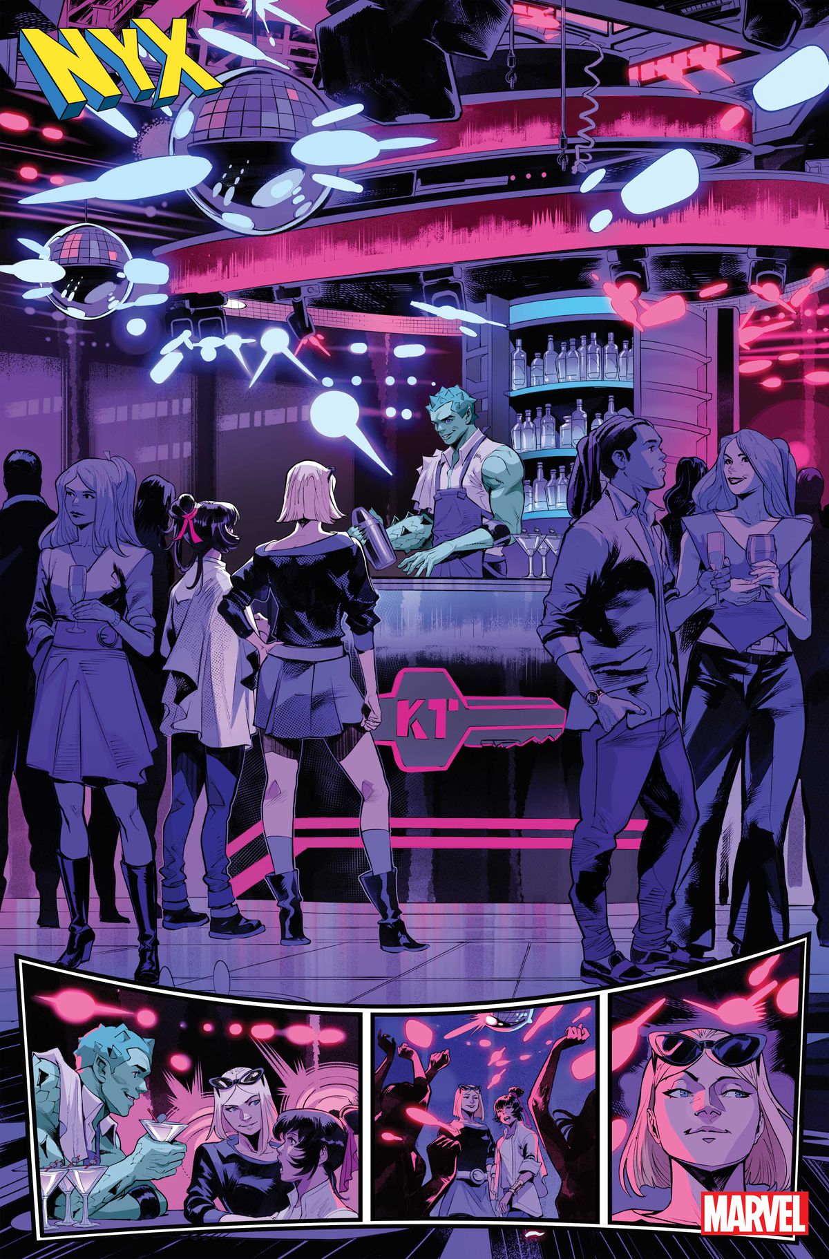 Kamala Khan et Sophie Cuckoo discutent avec Anole, qui est barman dans un club portant les initiales KT dans NYX #1.