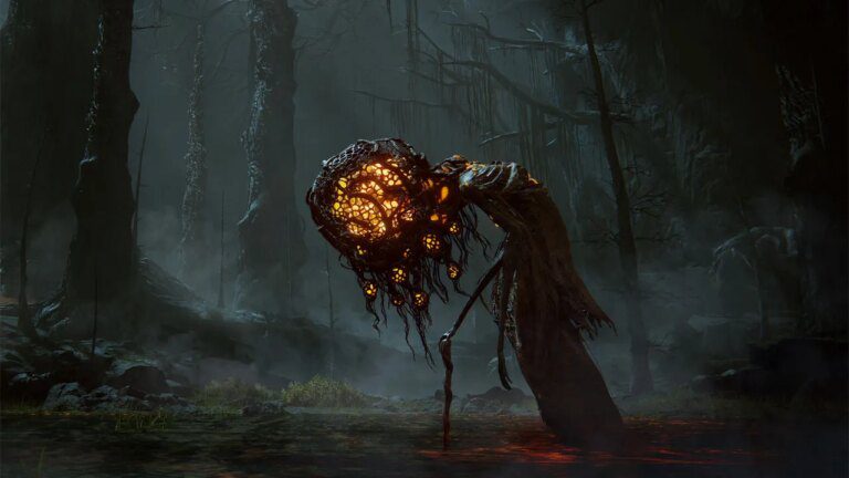 Elden Ring, a creature with a bowed, glowing head, humanoid, walking along at night, supported by a stick.