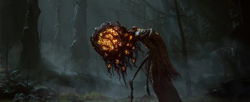 Elden Ring, a creature with a bowed, glowing head, humanoid, walking along at night, supported by a stick.