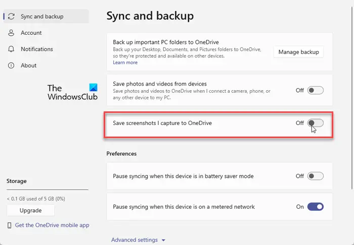 Désactiver Enregistrer les captures d'écran que je capture sur OneDrive