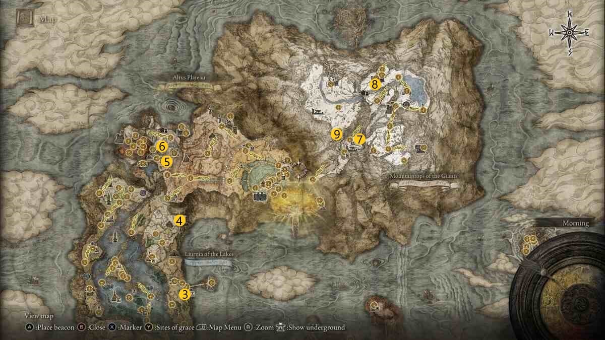 Emplacements d'Elden Ring Deathroot : Une carte d'Elden Ring avec des marqueurs des emplacements de Deathroot à Liurnia, sur le plateau d'Altus et au sommet des montagnes des Géants.