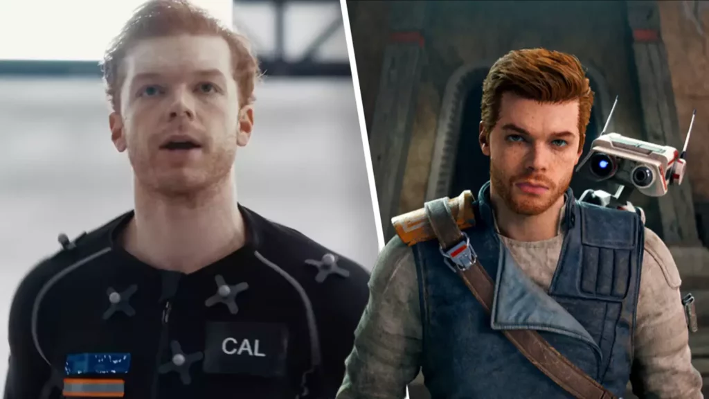 Cameron Monaghan dans une combinaison de capture de mouvement, exécutant des mouvements et des expressions pour donner vie à Cal Kestis dans le studio de développement de jeux.