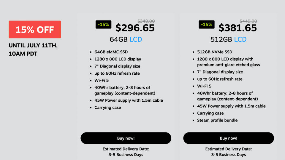 Capture d'écran du site Web de Valve, répertoriant les caractéristiques et les spécifications de deux modèles Steam Deck en vente (écran LCD 64 Go : 269,65 $, écran LCD 512 Go : 381,65 $).