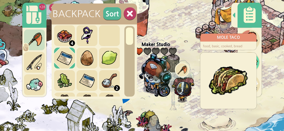 Cozy Grove : Camp Spirit UI montre le sac à dos ouvert et un graphique de taco taupe chevauchant la barre de gestion des tâches.