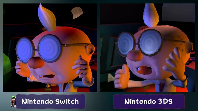 luigi's mansion 2 hd sur switch vs luigi's mansion dark moon sur capture d'écran de comparaison 3DS, montrant les modèles nerd améliorés