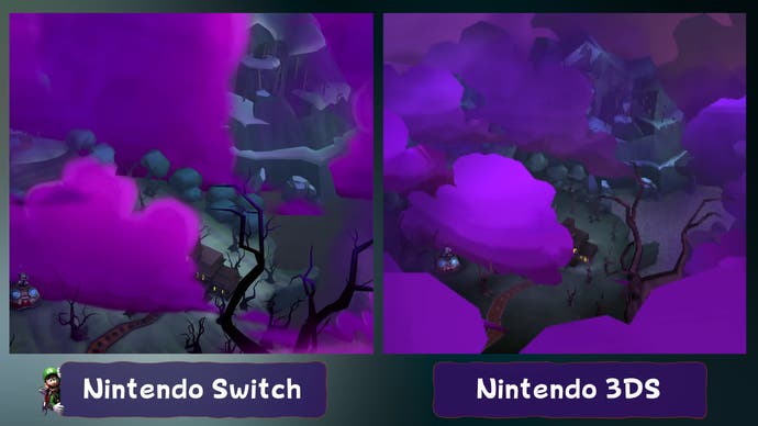 Luigi's Mansion 2 HD sur Switch vs Luigi's Mansion Dark Moon sur capture d'écran de comparaison 3DS, montrant des nuages ​​améliorés