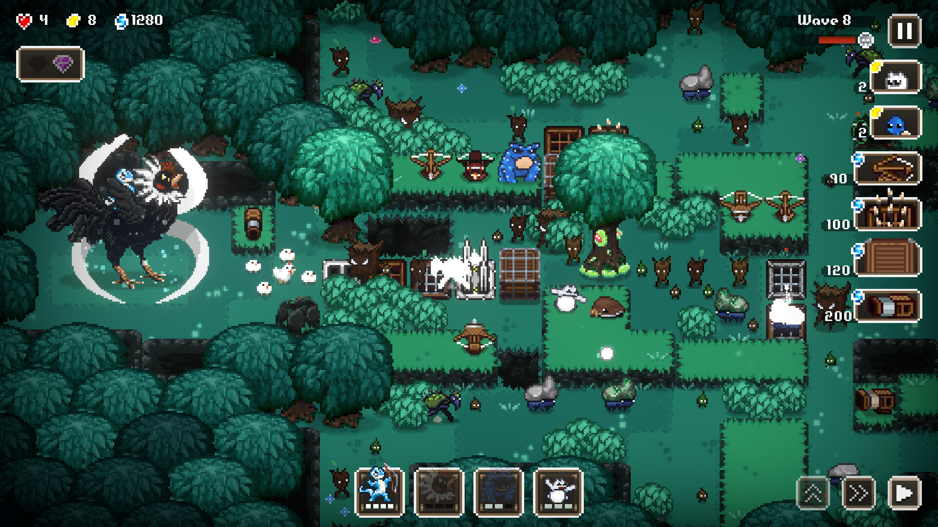 Jeu de tower defense pixel art Bean Beasts - Un oiseau géant crie alors que les mions de la forêt se faufilent à travers un chemin de tourelles.