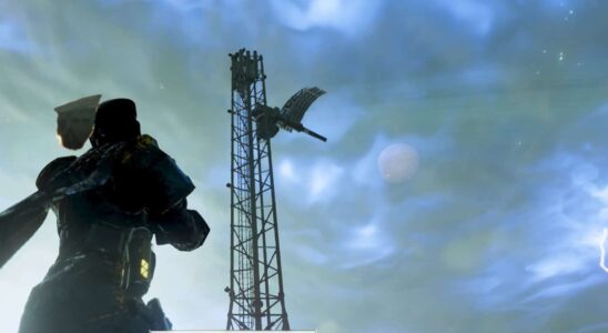 Helldivers 2 player looking at the ion storm and satellite tower