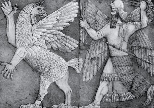 Ce relief du 9ème siècle avant notre ère représente un monstre ressemblant à un griffon poursuivi par une divinité.