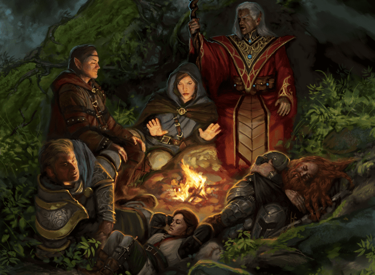 A group of adventurers sitting around a campfire