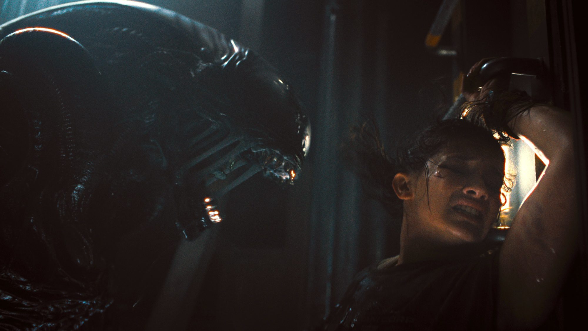 Cailee Spaeny and xenomorph in Alien: Romulus