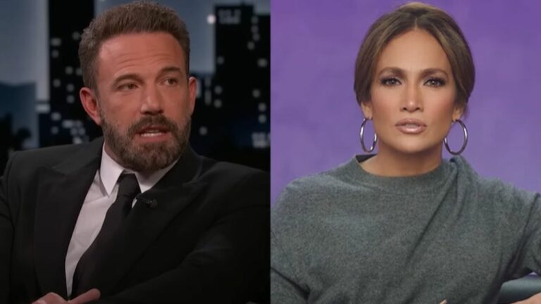 From left to right: Ben Affleck on Jimmy Kimmel Live! and Jennifer Lopez in a BTS video for Netflix