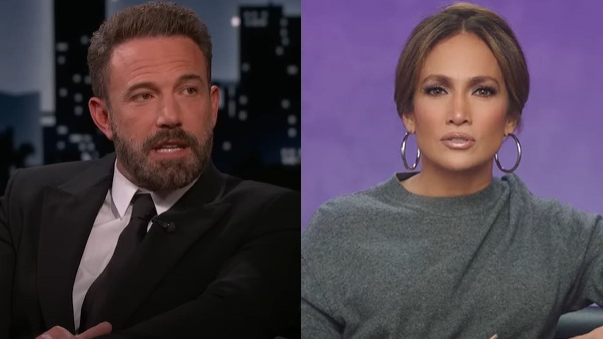 From left to right: Ben Affleck on Jimmy Kimmel Live! and Jennifer Lopez in a BTS video for Netflix