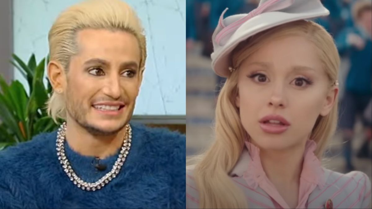 Frankie Grande on the Tamron Hall show in 2024 and Ariana Grande as Glinda in Wicked movie