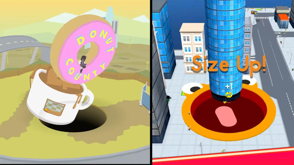 Écran partagé montrant le jeu mobile original Donut County (à gauche) et son clone, Hole.io.