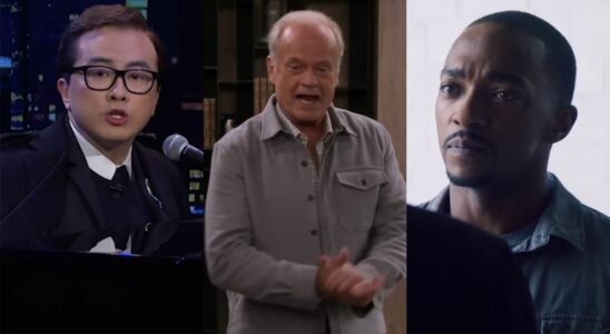 Bowen Yang on SNL next to Kelsey Grammer in Cheers reboot next to Anthony Mackie looking at camera in Falcon and the Winter Solder.