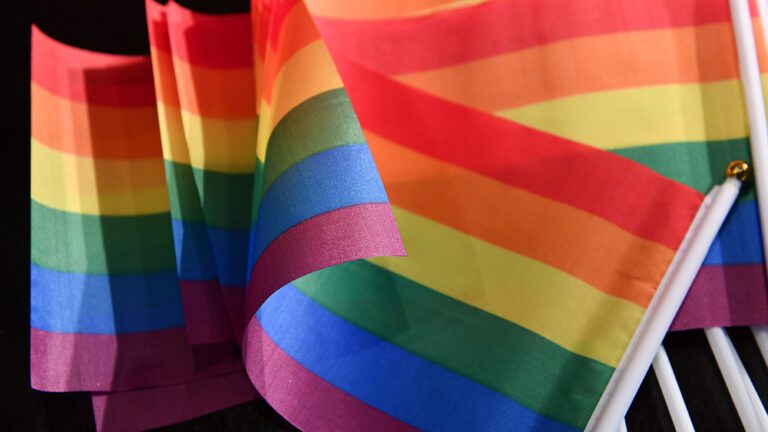 01 July 2020, Berlin: Rainbow flags are lying on a table at a press tremor for the presentation of the Pride collection in the Hard Rock Cafe. Photo by: Jens Kalaene/picture-alliance/dpa/AP Images