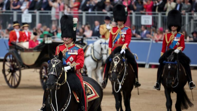 King Charles III, Prince William, Prince of Wales, Prince Edward, Duke of Edinburgh on horseback during Trooping the Colour at Horse Guards Parade on June 17, 2023 in London, England