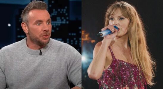 In side-by-side images, Dax Shepard speaks during an interview on Jimmy Kimmel Live! and Taylor Swift sings "Wildest Dreams" on Taylor Swift: The Ears Tour (Taylor