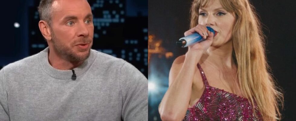 In side-by-side images, Dax Shepard speaks during an interview on Jimmy Kimmel Live! and Taylor Swift sings "Wildest Dreams" on Taylor Swift: The Ears Tour (Taylor