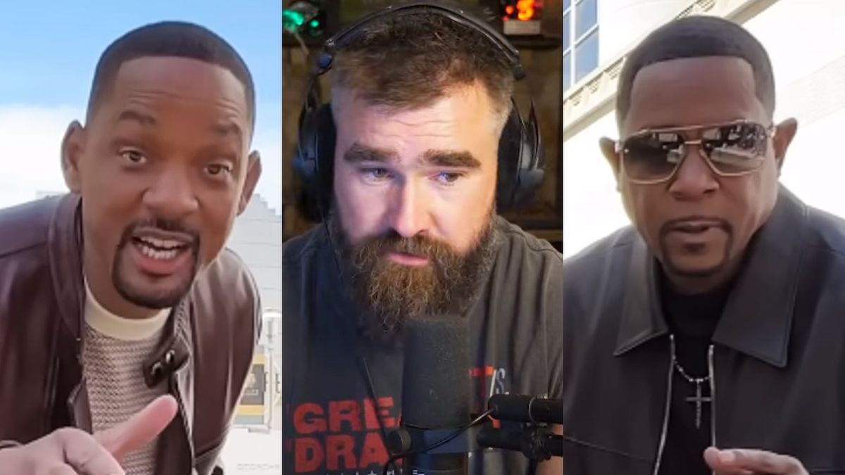 From left to right: Will Smith pointing, Jason Kelce wearing headphones and Martin Lawrence wearing sunglasses.