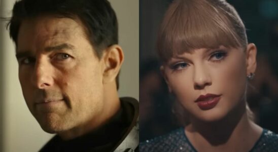 Tom Cruise in Top Gun: Maverick and Taylor Swift in Delicate music video.