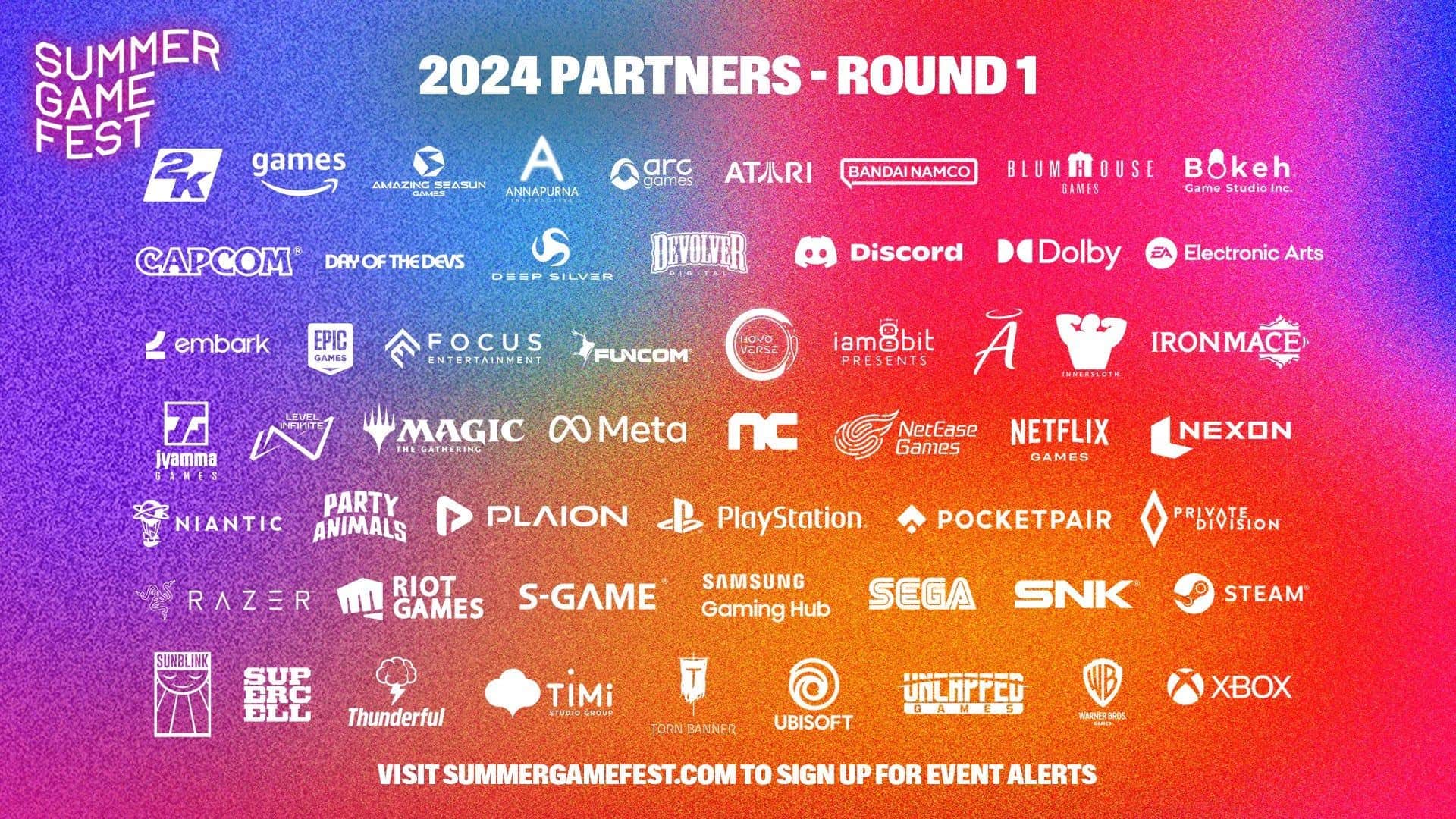 Liste des différents logos partenaires du Summer Game Fest 2024 - Round 1, affichés sur fond dégradé.  Le texte encourage à visiter summergamefest.com pour les alertes d’événements et pour découvrir les dernières rumeurs et fuites.