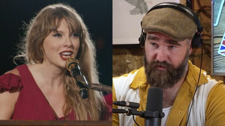 From left to right: Taylor Swift singing into a microphone while playing the piano in a pink dress during The Eras Tour, and Jason Kelce wearing a paperboy hat, talking into a microphone while wearing headphones during New Heights.