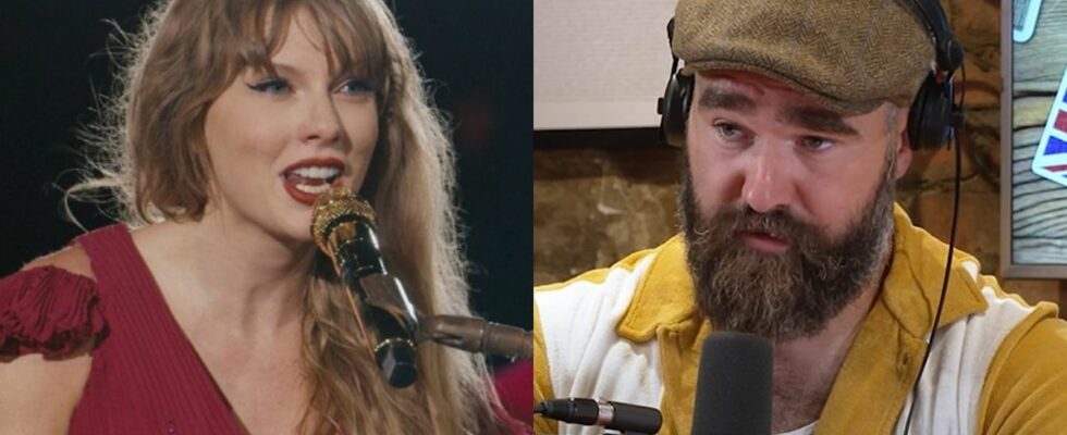 From left to right: Taylor Swift singing into a microphone while playing the piano in a pink dress during The Eras Tour, and Jason Kelce wearing a paperboy hat, talking into a microphone while wearing headphones during New Heights.