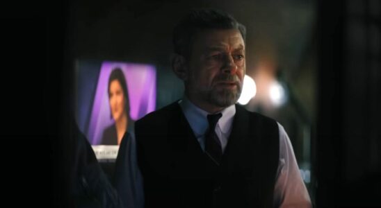 Andy Serkis as Alfred in The Batman looking distressed